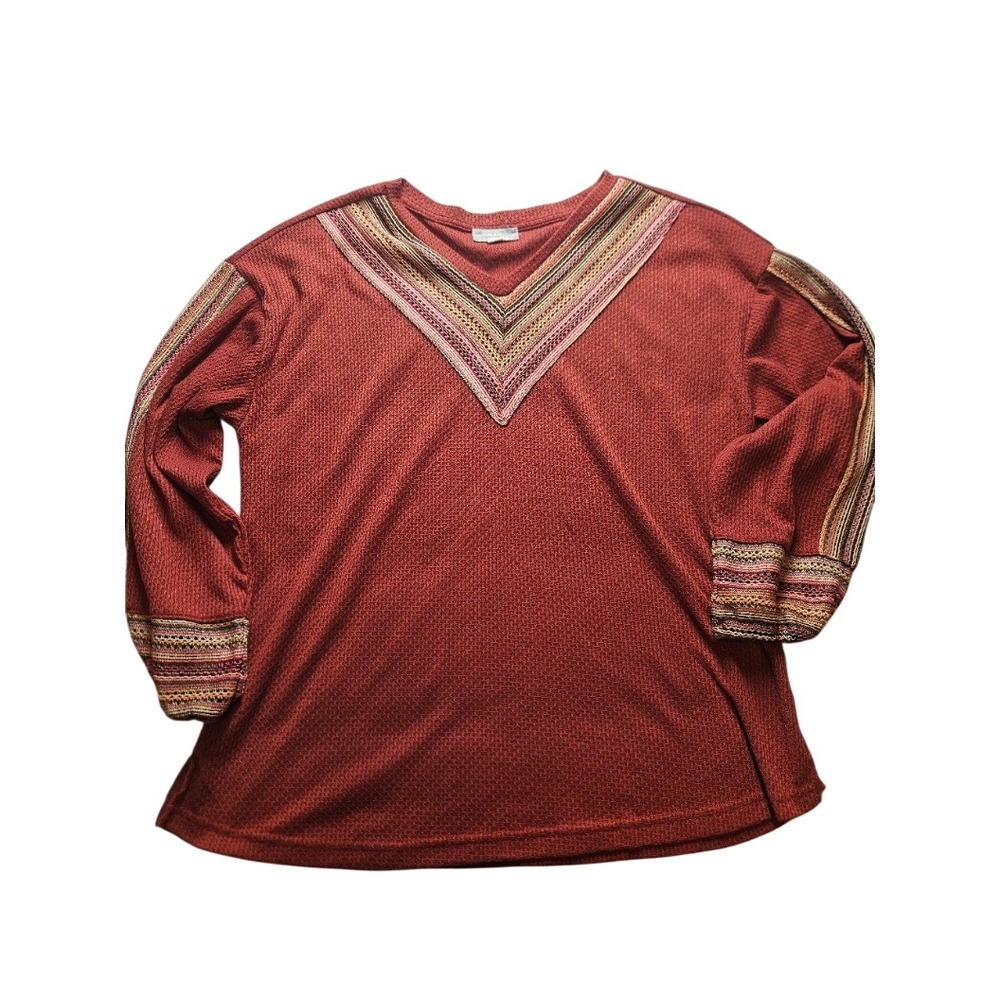 Casual Expressions Rust Waffle Knit Embroidered V-Neck Top MT-3530CB Large